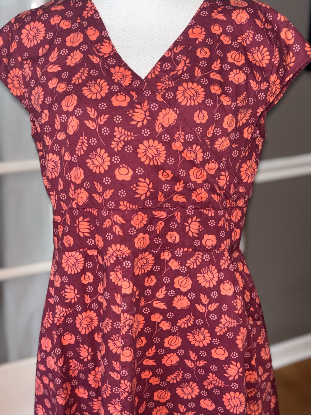 Mata Traders Burgundy Floral Faux Wrap Cotton Dress Pockets XL